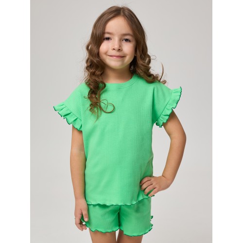 .74-79 ИГЛ Костюм на закрутке (футболка + шорты) из интерлока в рубчик, Зелёное яблоко. .74-79 ИГЛ Костюм на закрутке (футболка + шорты) из интерлока в рубчик, Зелёное яблоко.
